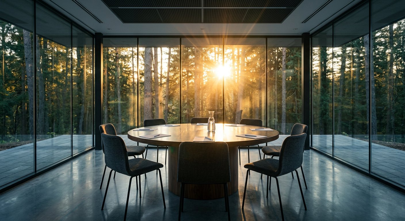 Ronde vergadertafel in een glazen bestuurskamer met ochtendlicht door de bomen